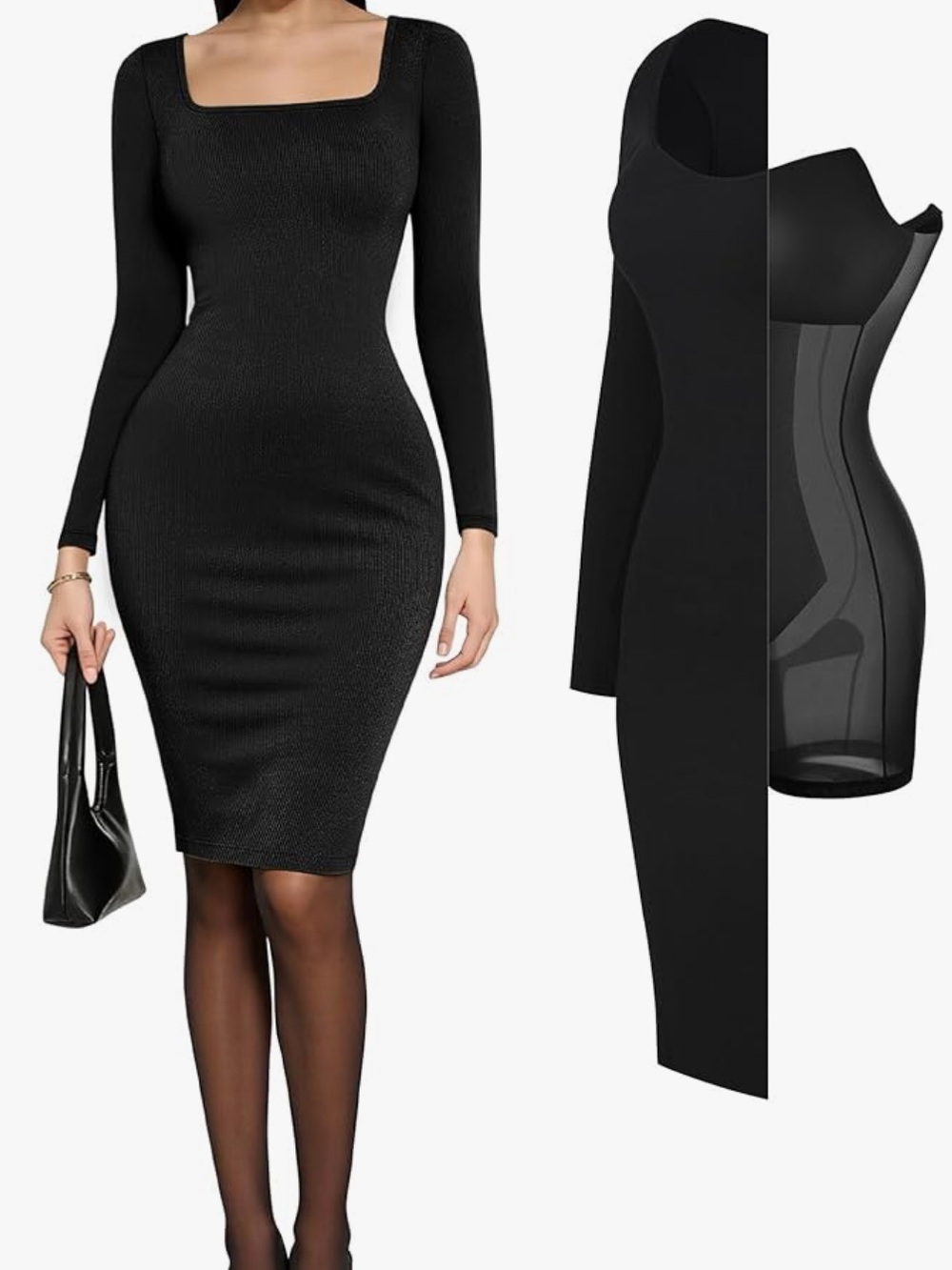 Popilush Cocktail Dress Long Sleeve Square Neck Midi Dress